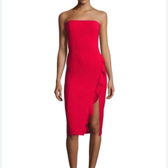 Jay Godfrey Memphis Strapless Cocktail Dress w/ Ruffled Slit, Red - Picture 1 of 8